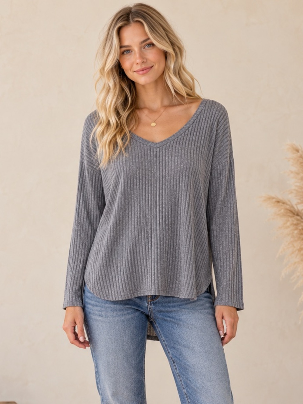 American Eagle Outfitters Ribbed V-Neck Long Sleeve Top - Gray